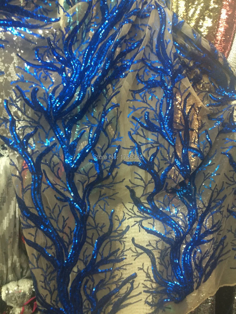 Fashion Big Tree Royal Blue Silver Sequin Embroidered Fabric Material Yarn Textile African Lace Sew Wedding Dress 5Yards | Дом и сад