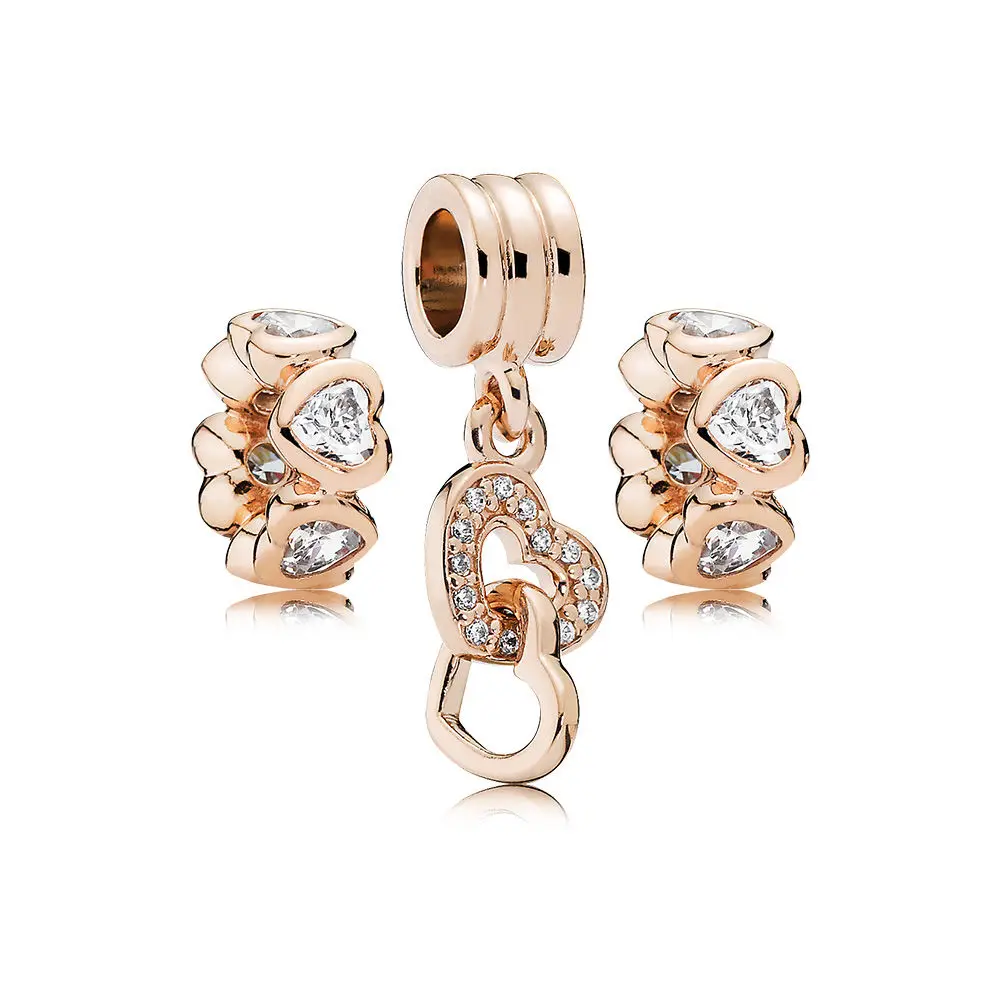

NEW CPPO 100% 925 Sterling Silver Rose Interlocked Hearts Charm Pack Bead fit charms original Bracelets jewelry A Set