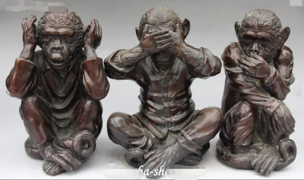 

Chinese Antique Bronze No Speak Hear See Three Monkey Monkeys Animal Statue Set