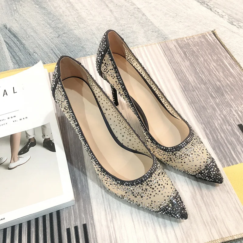 

2019 Fashion New Korean Style High Heels Wedding Shoes Crystal Shoes and Bags To Match High (5cm-8cm) Genuine Leather Casual