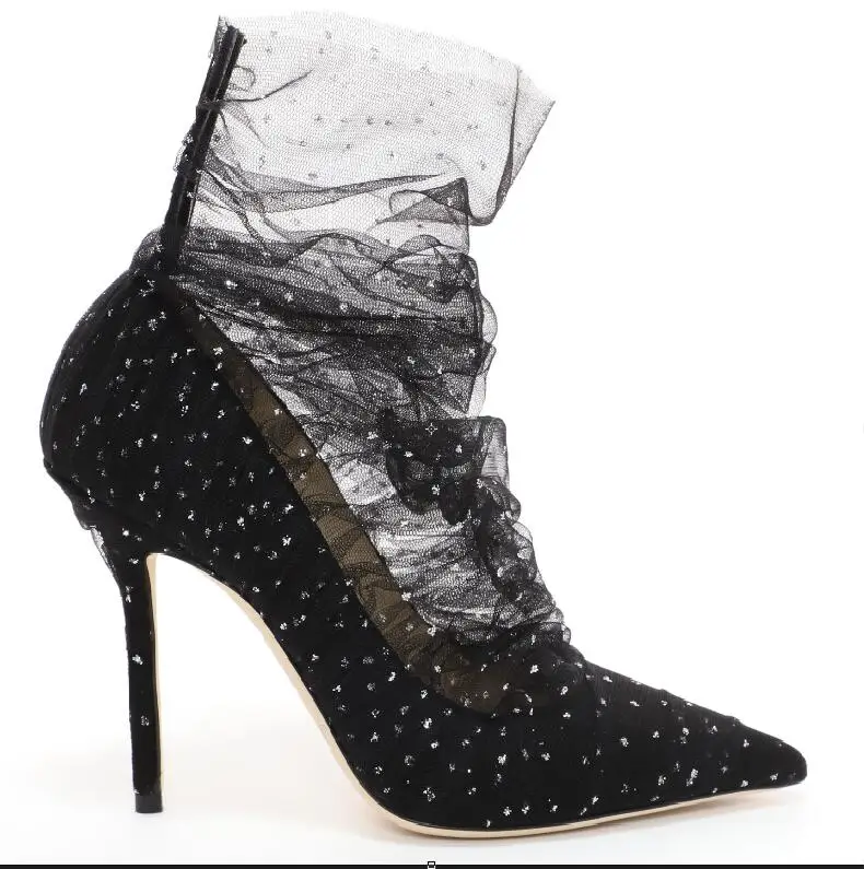 

Hot Fashion Sweet Black Flock Pointed Toe Shoes Thin Heels Shallow Women's Shoes Zip Mesh Lace Ladies Pumps