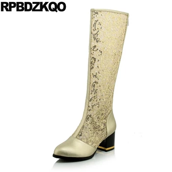 

Knee High 10 Sandals Cut Out Big Size Lace Cheap Shoes Heel Long Mesh Sequin 43 Boots Gold Summer Women Glitter Chunky Cutout