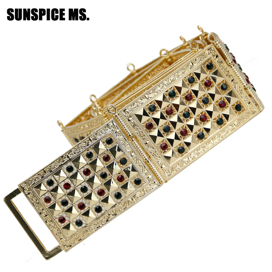 

SUNSPICE MS Morocco Caftan Wedding Belt Metal WaistChain Crystal Gold Color Crystal Adjustable Length Square Button Waistband