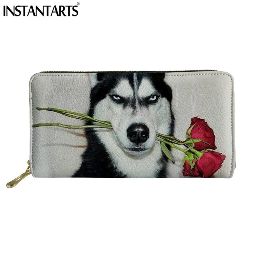 

INSTANTARTS 3D Husky Animal Women Purse Flower Famous Brand Female Wallet Long Leather Carteras Mujer ID Card Coin Lady Wallets