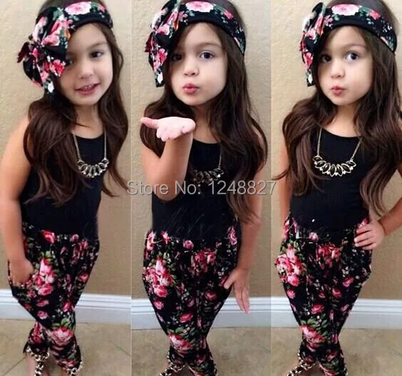 80 , 140 cm sin mangas tops + Harem pants + headwrap niñas Tree pieza verano