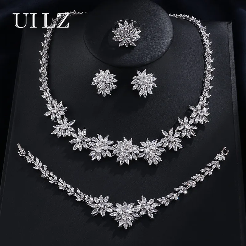 UILZ Luxury Flower Shape Clear Cubic Zircon Necklace/ Earrings/ Bracelet/ Ring Jewelry Set For Women Wedding US225 UILZ Luxury Flower Shape Clear Cubic Zircon Necklace/ Earrings/ Bracelet/ Ring Jewelry Set For Women Wedding US225
