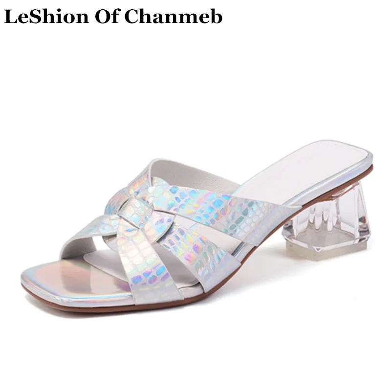 

Brand Designer Holographic Shoes for Women Peep Toe Real Leather Silver Sandals Outside Indoor Clear Heels Beach Slippers Slides