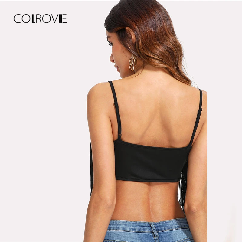 COLROVIE кисточкой Украшенные Crop Cami Top Лето г. черный совок средства ухода за кожей Шеи бахрома майка одежда Спагетти ремень для женщин Топ