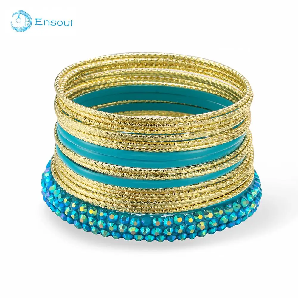 

ENSOUL 20Pcs Shiny Gold With Fuchsia/Rose Tone Color Mixed Multi Metal African Indian Bangles Bracelets Set Jewelry For Women