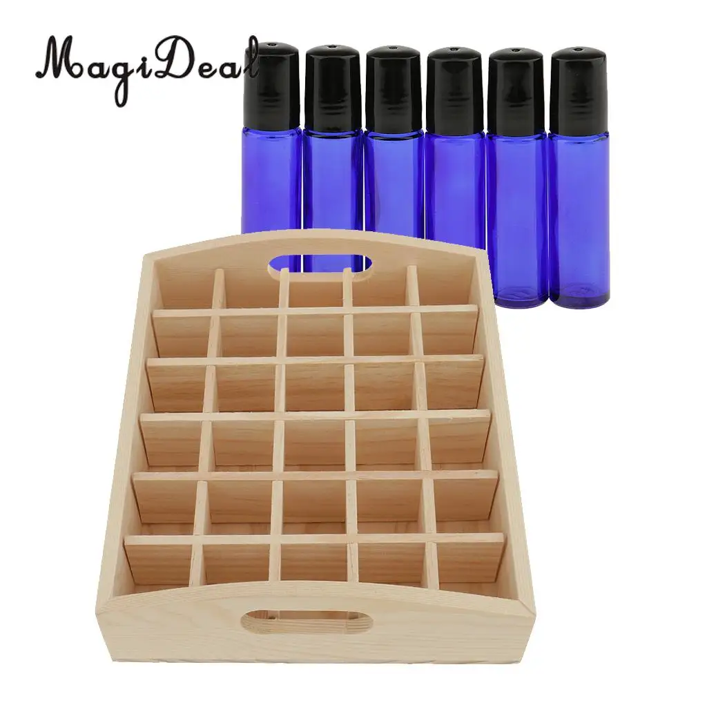 Handmade Natural Wooden Essential Oils Storage Box Display Case Holder Box +6 Roll On Cosmetic Glass Bottles Vials