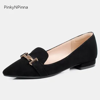 

2019 new preppy chic flat loafers female flock slip on pointed toe buckle shallow metal decoration young cute casual shoes woman