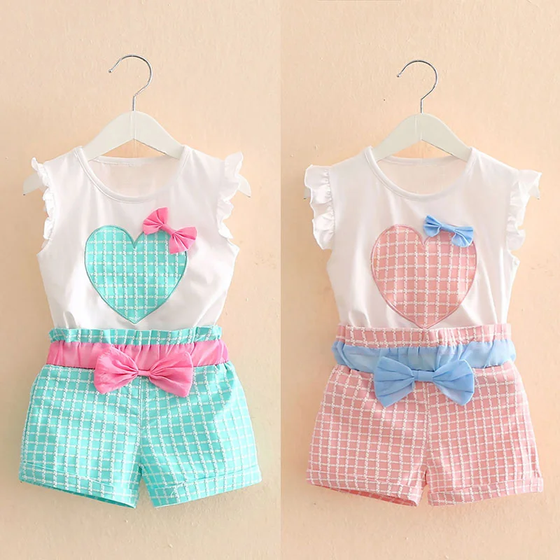 

BibiCola 2017 summer Baby girl clothes girls Clothing Sets infant Children Suit Set 2Pcs Lattice Pants toddler kids Striped