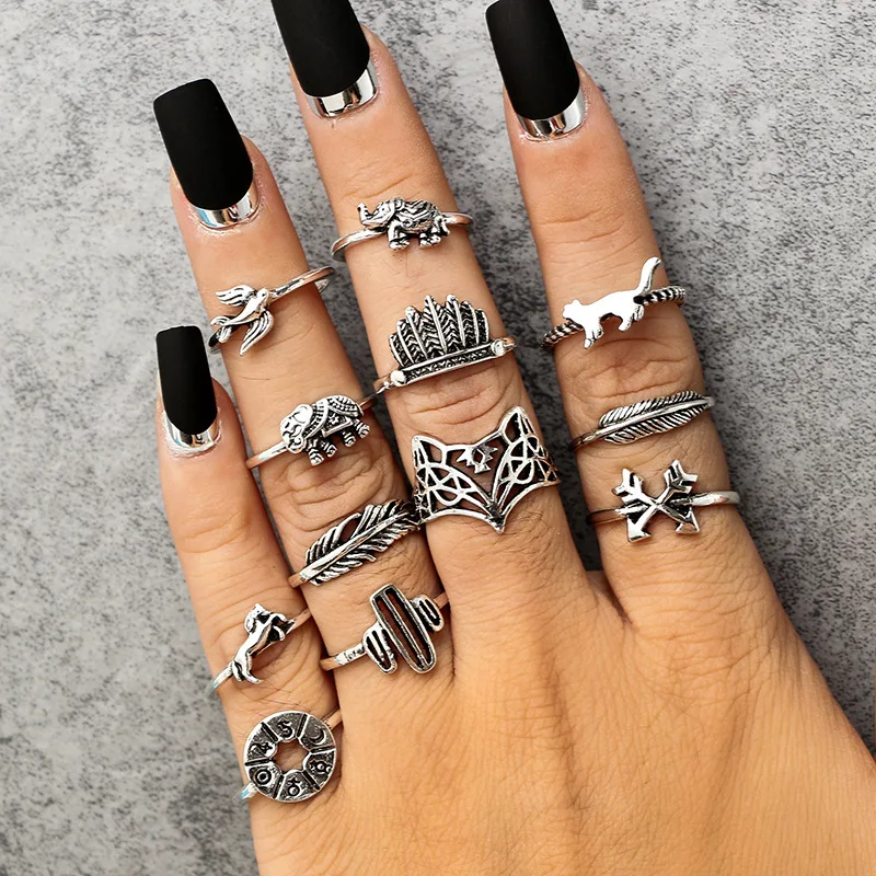 

BTSETS 12PCS/Set Vintage Animal Knuckle Rings for Women Silver Color Jewelry Turkish Hand Midi Finger Toe Ring Set Fox Anillos