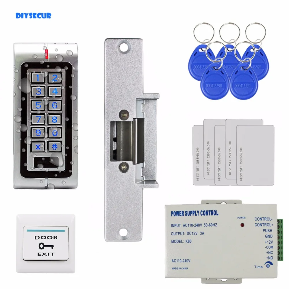

DIYSECUR 125KHz RFID Waterproof ID Card Reader Password Metal Keypad Door Access Control System Kit + Strike Lock W1