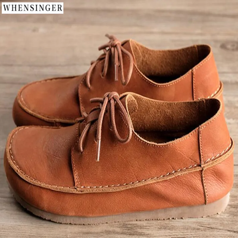 

Whensinger - Women Flat Shoes loafers Genuine Leather Casual Tie Flats Shoe Comfortable Driving shoes soft Ventilation