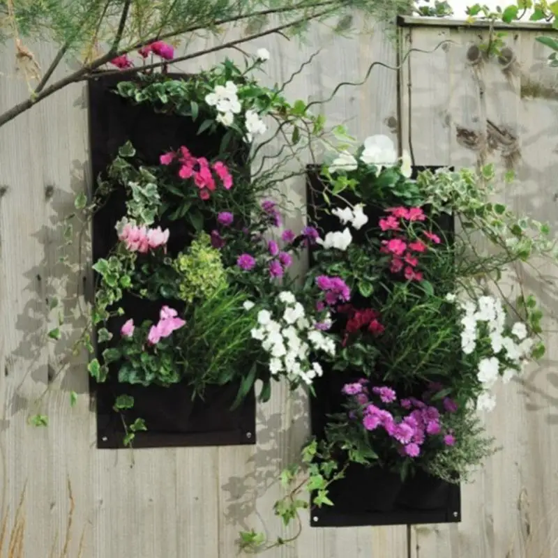 

4 Pocket Plant Growing Bag Vertical Horizontal Greening Hang Wall Garden Seedling Plant Grow Bag Planter Black/Green @