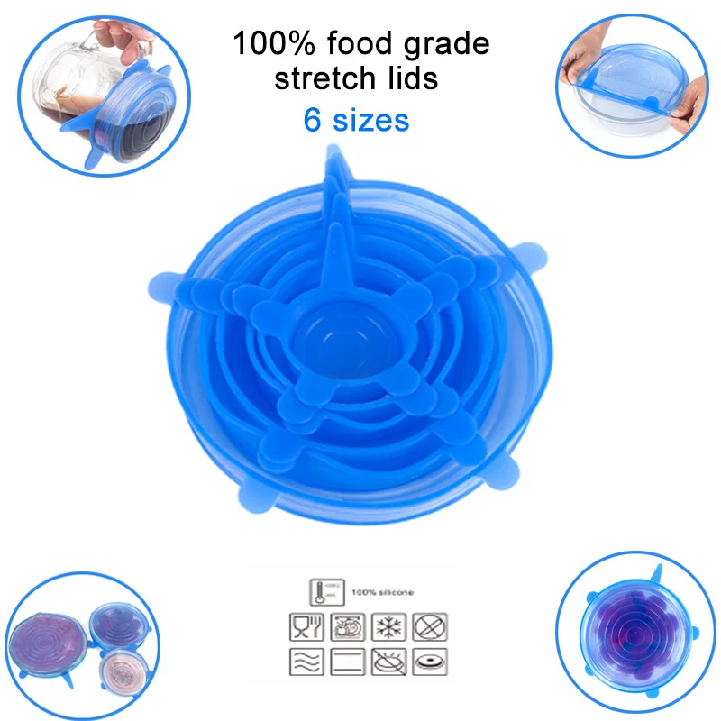 6 шт Силиконовые эластичные крышки, силиконовые крышки, универсальная крышка, силиконовая крышка для кастрюли, силиконовая крышка, кухонная сковорода, крышка для разлива