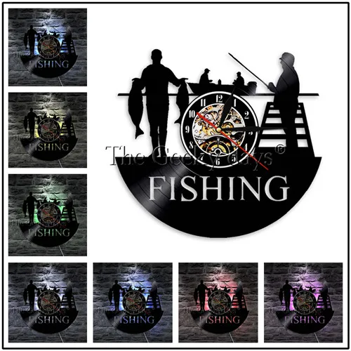 Лучший рыбак силуэт тень 3D настенные часы Go Рыбалка Рыба Виниловая пластинка настенные часы ручной работы подарок для рыбака - Цвет: Серый