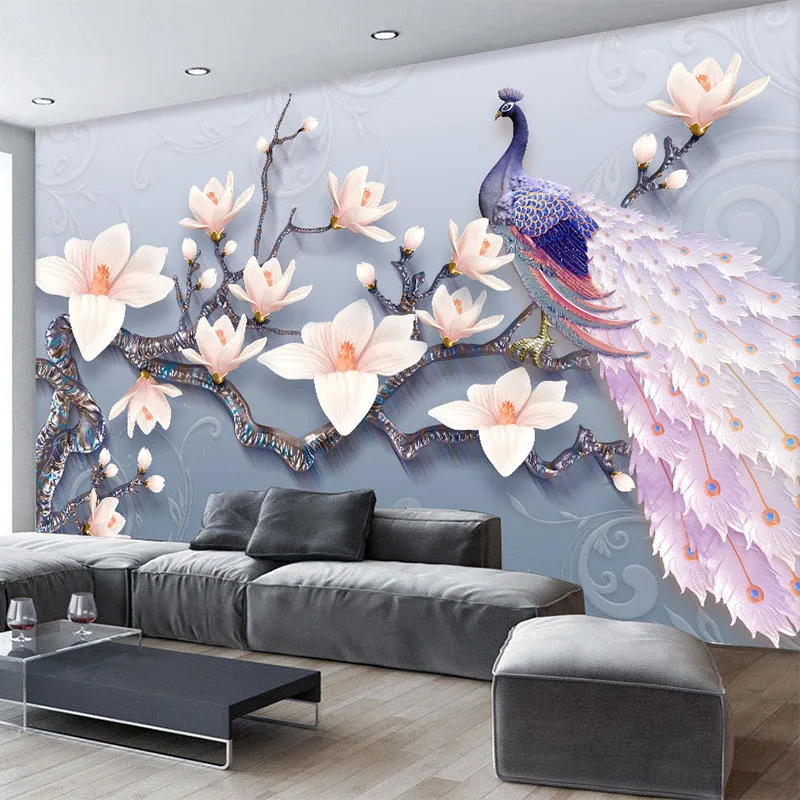 Фото обои 3D стерео рельеф Магнолия Павлин цветы Фреска гостиная ТВ диван спальня фон стены 3D декор Papel Tapiz