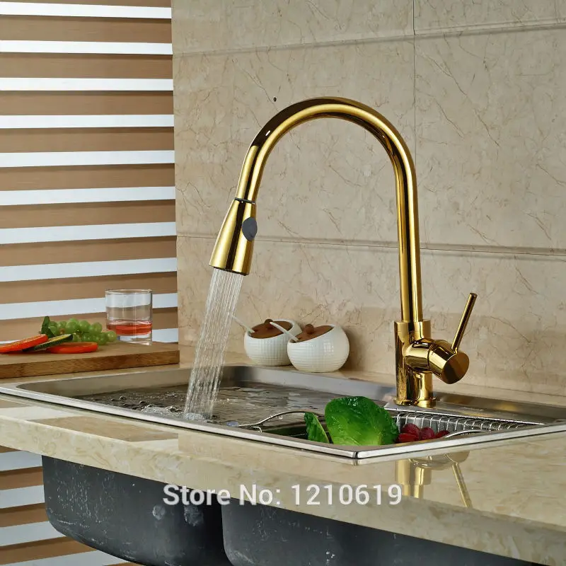 

Newly Luxury Pull Down Kitchen Basin Faucet Deck Mounted Golden Polished Sink Faucet Mixer Tap One Hole