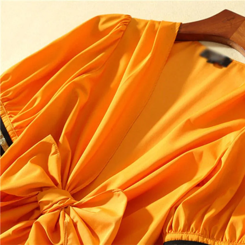 Delle Donne del Vestito Con Scollo A V Puff Manica Corta A Vita Alta Bowknot Maxi Abiti Donna Moda Primavera 2019 Elegante