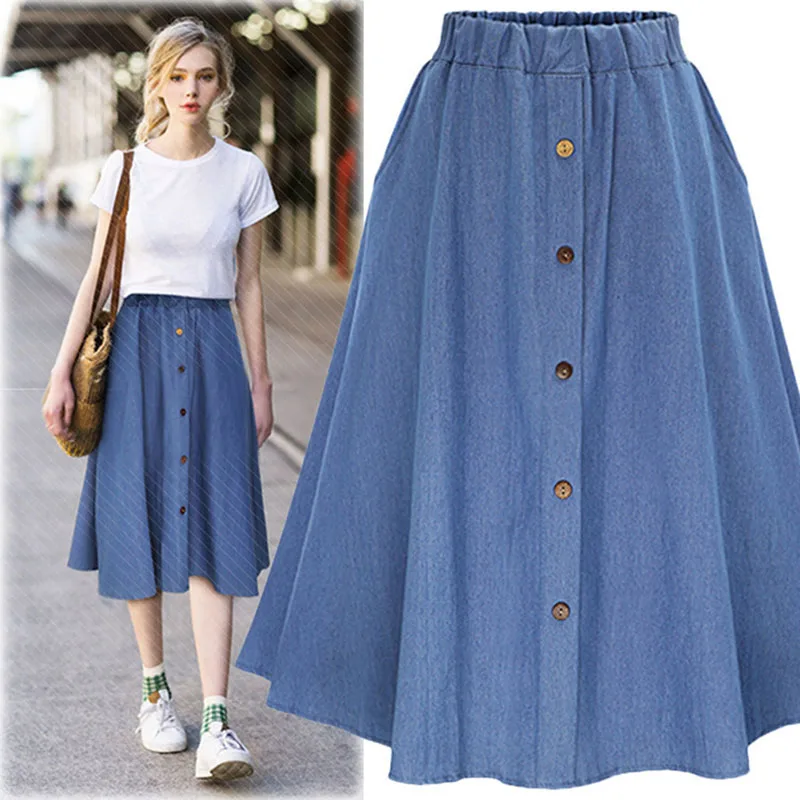 Fashion Korean Preppy Style Denim Skirts Women Solid Color Long Skirt Nature Waist Female Big