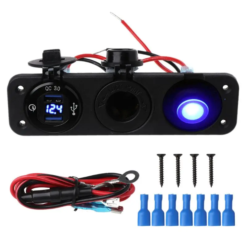 Розетка для автомобильного прикуривателя, сплиттер, водонепроницаемый, 12 В, 24 В, двойной USB, QC 3,0, зарядное устройство, адаптер питания, розетка, светодиодный вольтметр с переключателем - Plug Type: Blue
