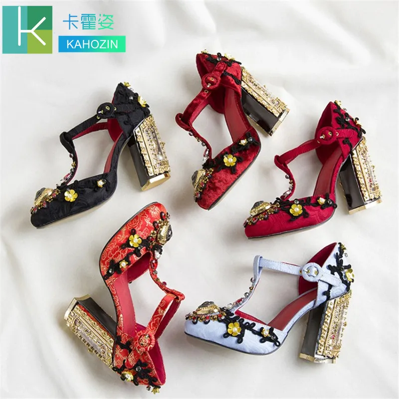 

High-grade leather women's banquet wedding shoes Red black blue hollow gold heel 9.5CM ice silk upper leather innerInsole size43