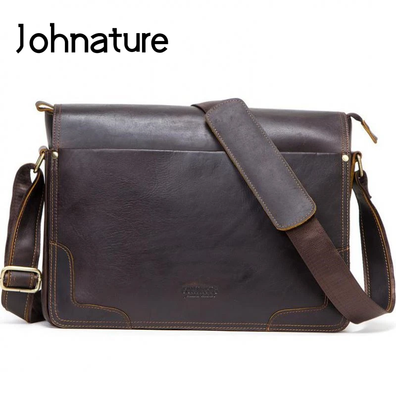 

Johnature Satchels Crazy Horse Leather Versatile Soft Cover Vintage Solid Shoulder & Crossbody Bags Men Briefcase Messenger Bag