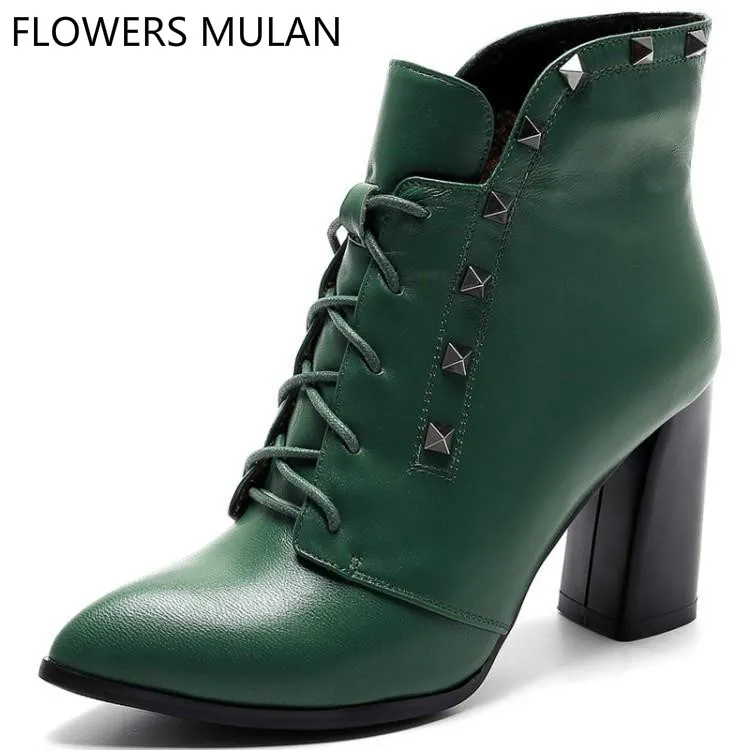 

Fashion Green Black Leather Ankle Boots For Women Chic Pointed Toe High Heels Winter Shoes Woman Cross Tied Rivets Botas Mujer