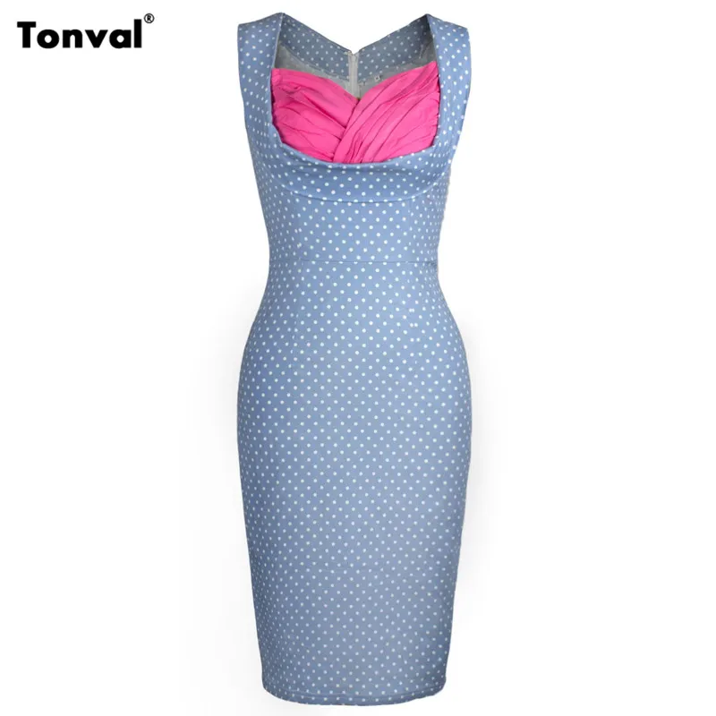 

Tonval Polka Dot Cotton Vintage Pencil Dress Blue Bodycon Women V neck Sexy Party Dress Elegant Office Retro Dresses