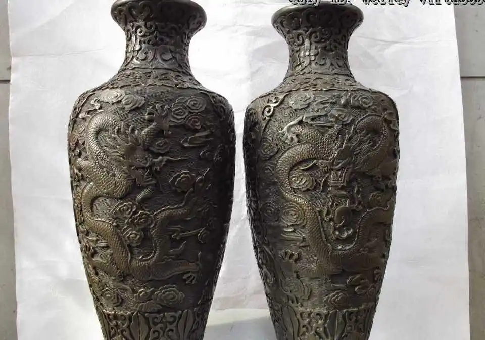 

15 China pure Copper Bronze Two Dragon play bead flower Pot Jar Crock Vase Pair