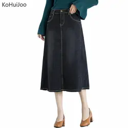 KoHuiJoo 4XL 5XL 6XL осень зима A-Line Mid Jean юбка женская плюс размер новая Корейская джинсовая юбка Леди Черный Синий 9XL 8XL 7XL