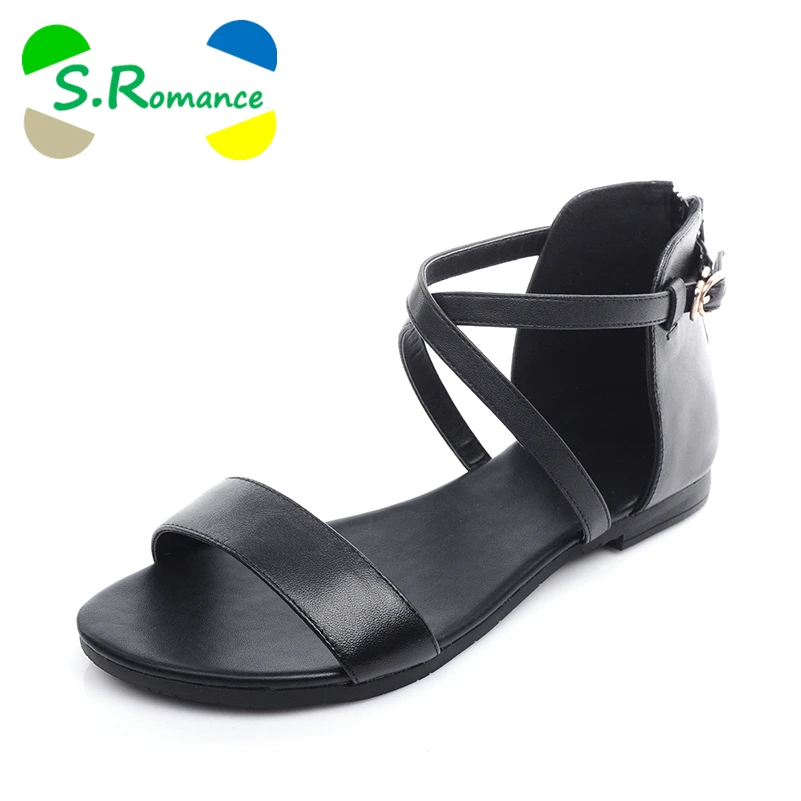 

S.Romance Genuine Leather New Arrival Hot Sale Fashion Summer Sweet Women Flats Heel Sandals Buckle Strap Women Shoes SS231