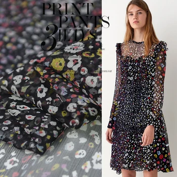 

100cm*138cm Black Floral Pure Silk Material Super Thin Chiffon Crepe Gauze