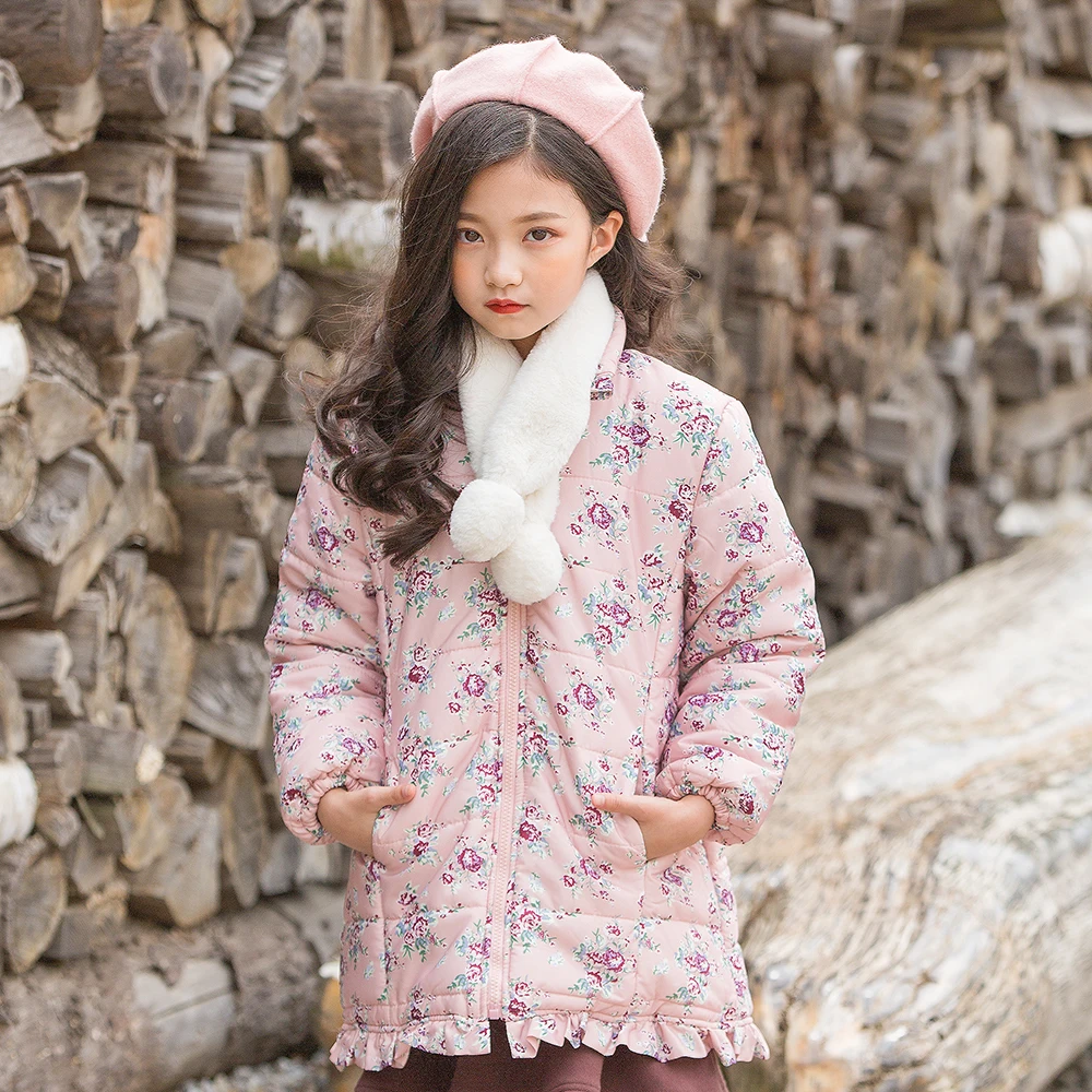 

B-18021 2019 New Fashion Winter Girl Coat Thick padded cotton Flower printing Keep Warm Jacket Child Clothing Kids Outerwear