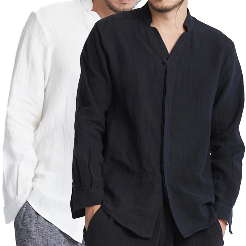 INCERUN عارضة الرجال هينلي قمصان الوقوف طوق V الرقبة بلون المغطاة زر فضفاض تيشيرت ضيق بأكمام طويلة الرجعية قمصان حجم كبير