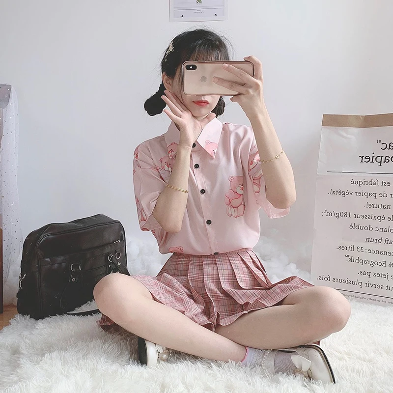 Милая рубашка с коротким рукавом принтом медведя женские летние рубашки Kawaii Ulzzang