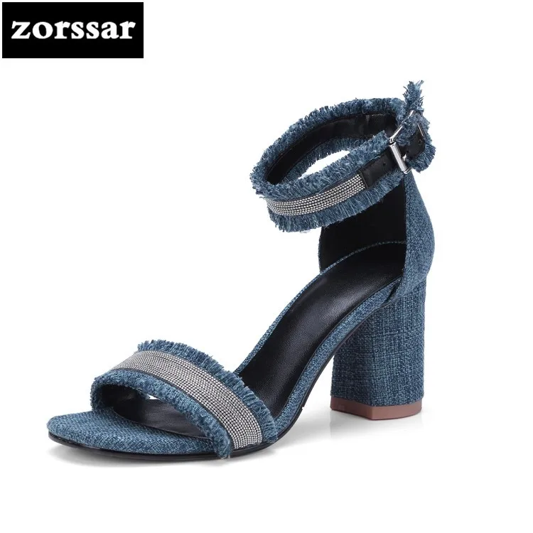 

{Zorssar} 2018 Fashion Denim High Heels Sandals Summer Women Shoes Open Toe Chunky High Heels Party Dress Sandals Big Size 43