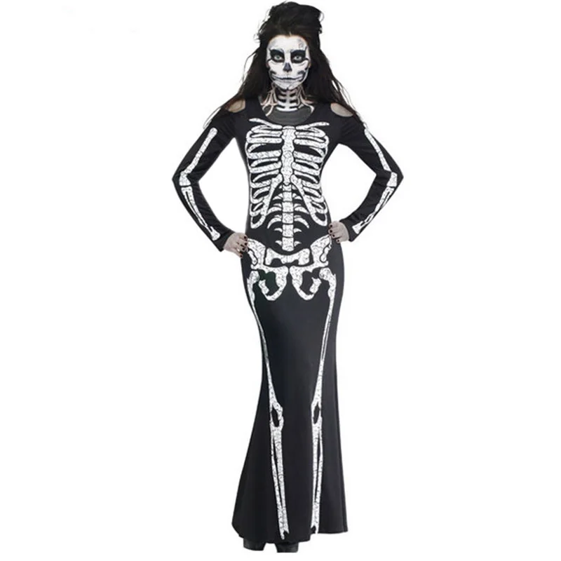 2016 fantasia de esqueleto longa dress adulto halloween costume adult halloween costume mulheres sexy clube desgaste traje gótico lc8877
