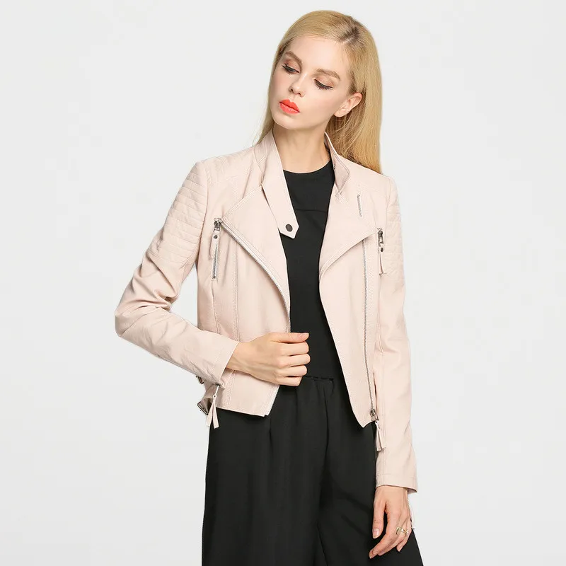 2017 New Spring Autumn PU Leather Jacket Long Sleeve Pink White Zippers Women Motorcycle Jacket Coat Feminino XL