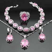Nueva Llegada Pink Creado Topacio Plata Sistemas de La Joyería Collar Colgante Pendientes Pulseras Anillos Para Las Mujeres de Color Caja de Regalo Libre
