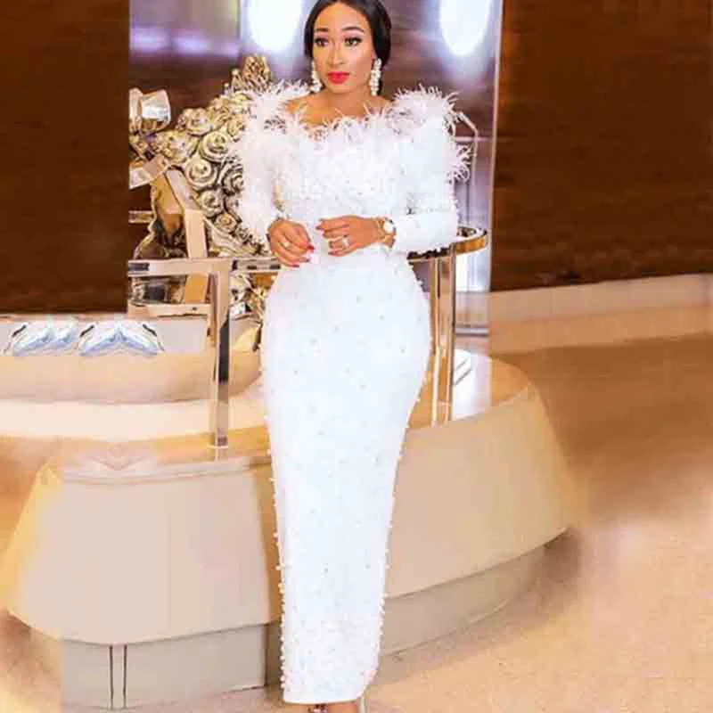 

HIGH STREET New Fashion Runway 2019 Designer Party Dress Women's Slash Neck Feather Embellished Beading Bandage Dress