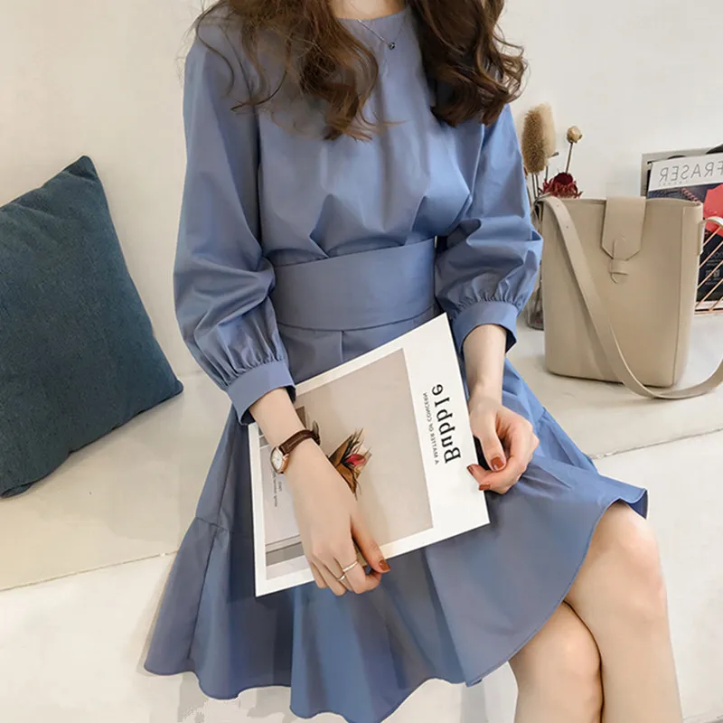 

2019 New Elegant Women Dress Summer Lantern Sleeve O-neck Bow Belt Bule White Slim Dresses Office Ladies Vestidos Plus Size 4XL