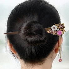Винтажная деревянная шпилька для волос для женщин, ручная работа, хрустальные стразы, цветок, дерево, новинка