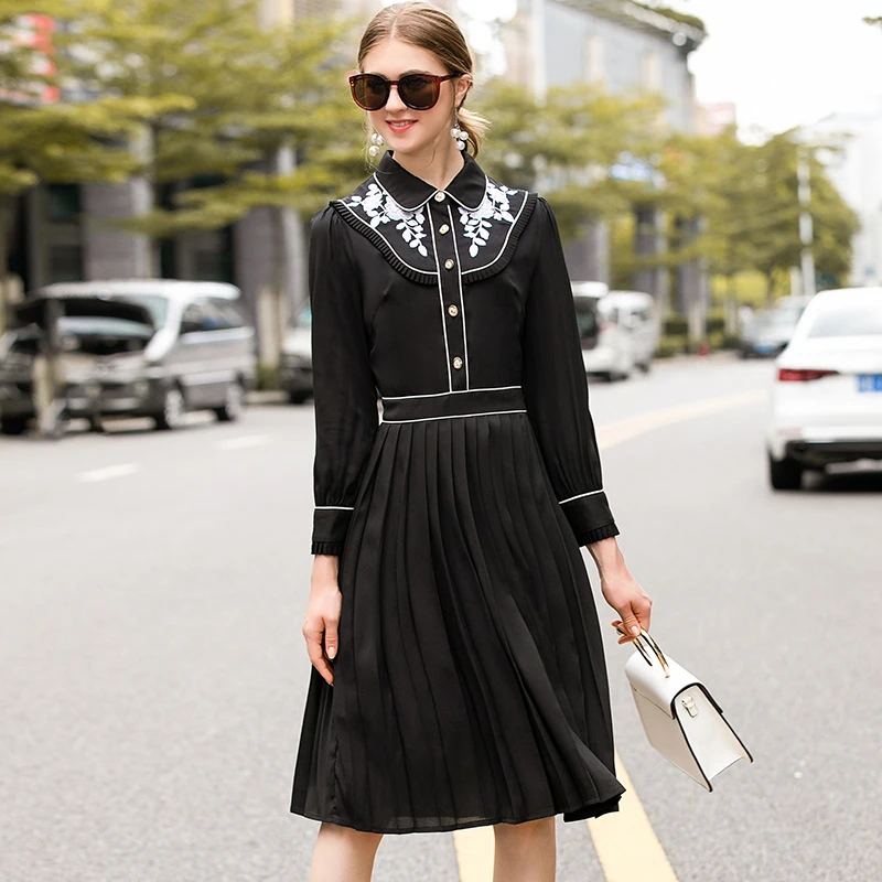 2019 Autumn Elegant Pleated Dress High Quality Fashion Full Sleeve Turn-down Collar Black | Женская одежда