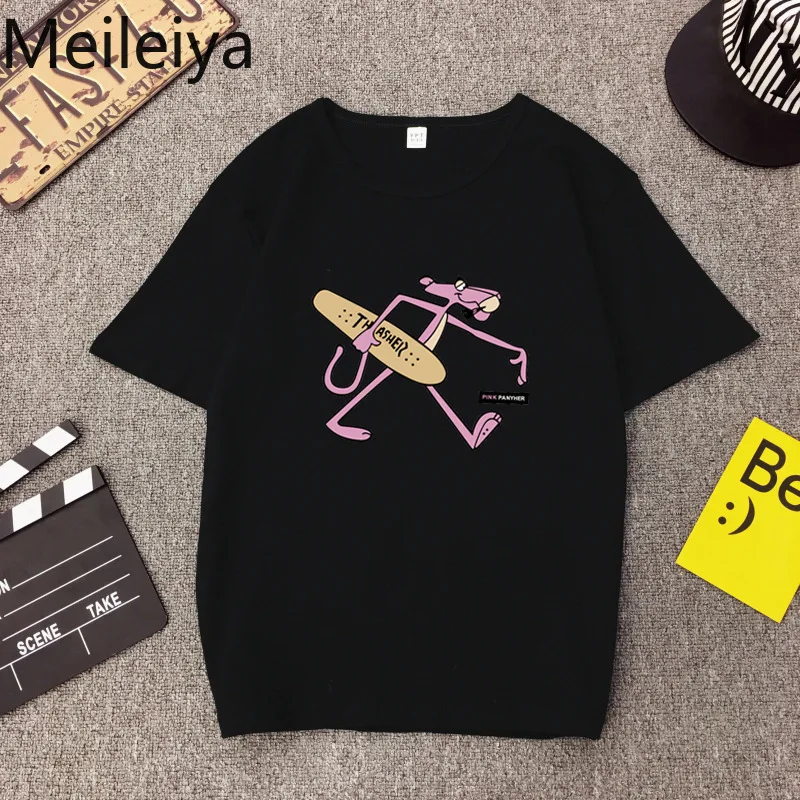 

Harajuku Ulzzang kawaii 2019 Summer Semi-sleeved Pink Panther Short Sleeved T Shirt Women Loose Couples Tape Tide woman tshirt