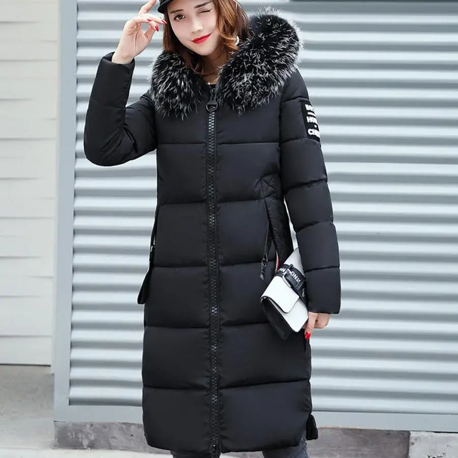 Зимняя женская куртка большой меховой воротник с капюшоном хлопковое стеганое длинное пальто Женская Парка утепленная куртка для женщин размера плюс - Цвет: Черный