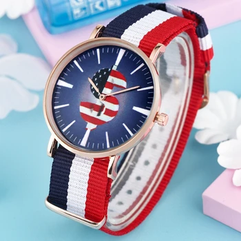 

Top American Flag Star Striped Print Theme Watch Women US Dollar Currency Symbol Female Wristwatch Nylon Canvas Band Time Clock