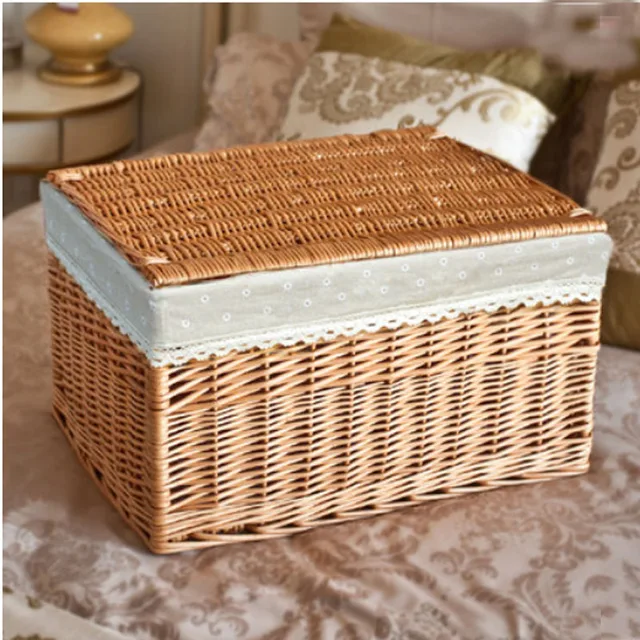 XXL cesta de almacenamiento de mimbre tejida a mano con tapa cesta de